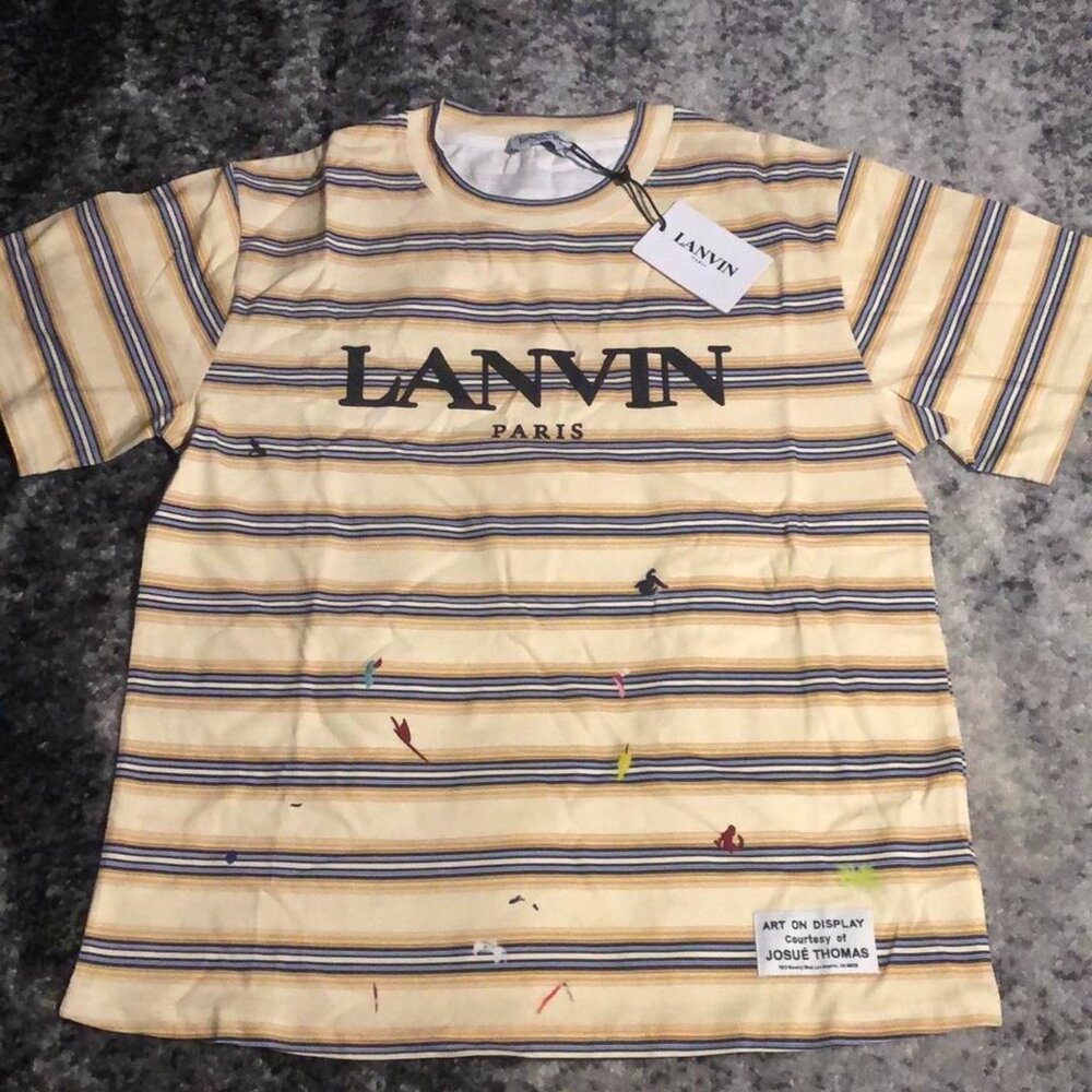 LANVIN Paris Apricot Striped T-Shirt Paint Splatter Men’s Size Large